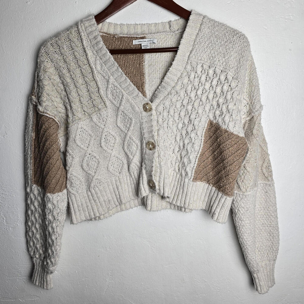 American Eagle Beige Cropped Patchwork Cardigan S… - image 1